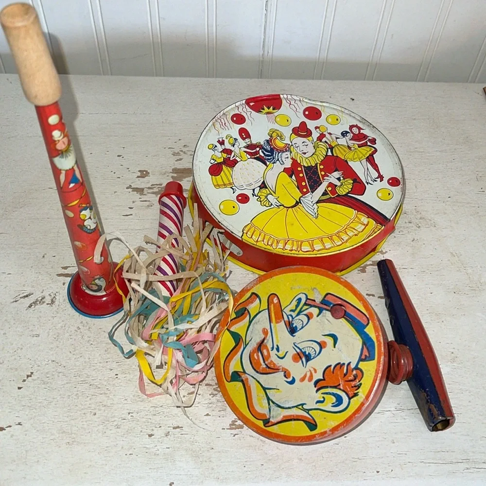 Vintage lot metal tin noise makers rattles whistle holiday party